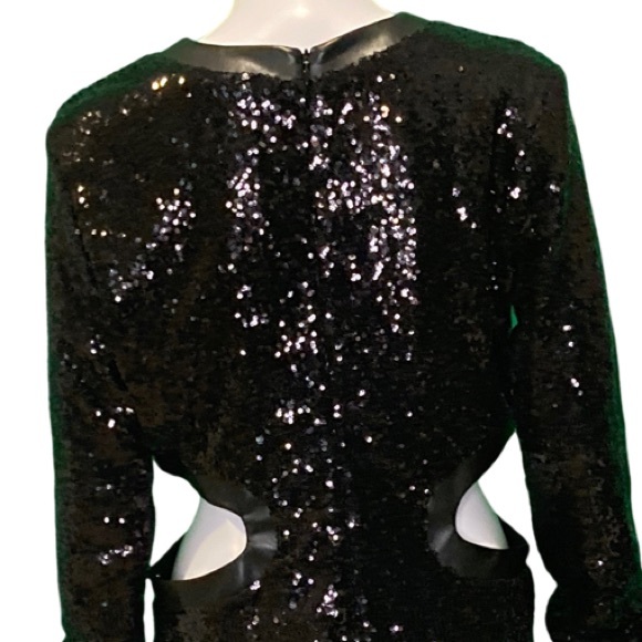 NWT Staud Black Sequin & Vegan Leather Cut Out Mini Dress - Sz XL - Picture 9 of 12
